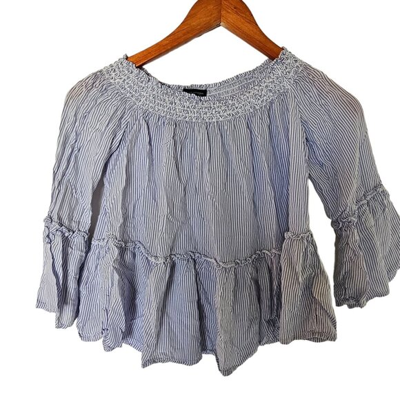 American Eagle Blue White Striped Off Shoulder Bell Sleeve Top Blouse S Small‎ - Picture 2 of 7